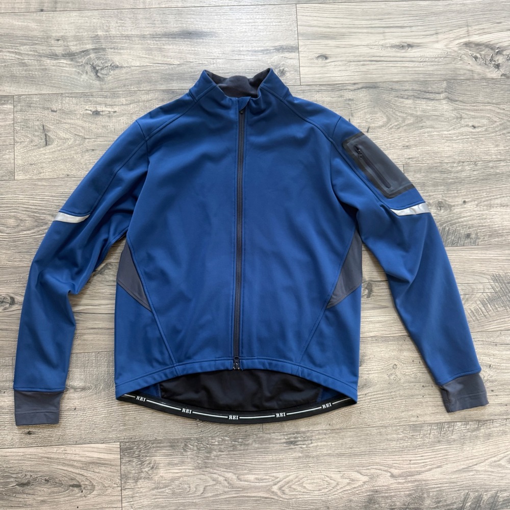 REI Co-op Mens Blue Cycling Jacket Full Zip Reflective Softshell Large 711644